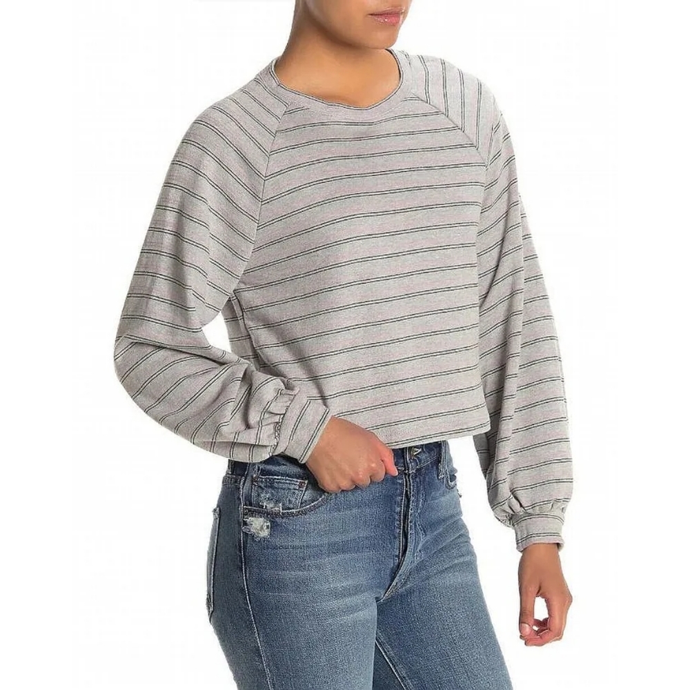 Lush Women's Sweater in Heather Gray Pink Striped Balloon Sleeve - Picture 1 of 4